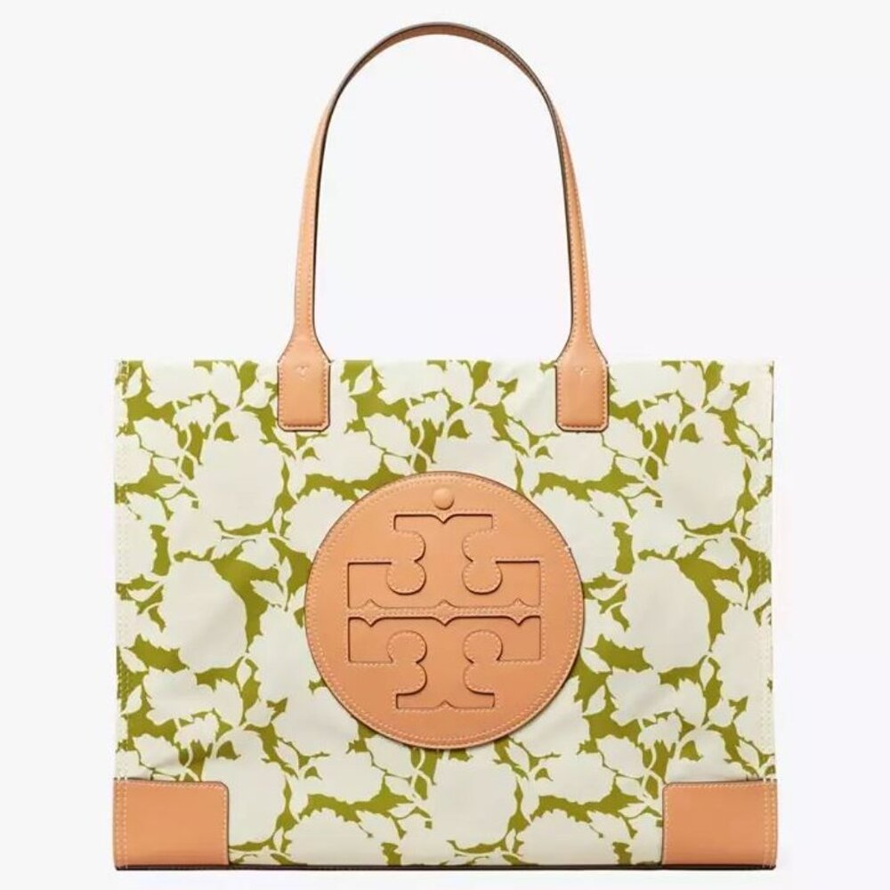 ❤️ NWT Tory Burch Ella Large Nylon Shoulder Tote Green Bold Flower AUTHENTIC - Picture 1 of 6